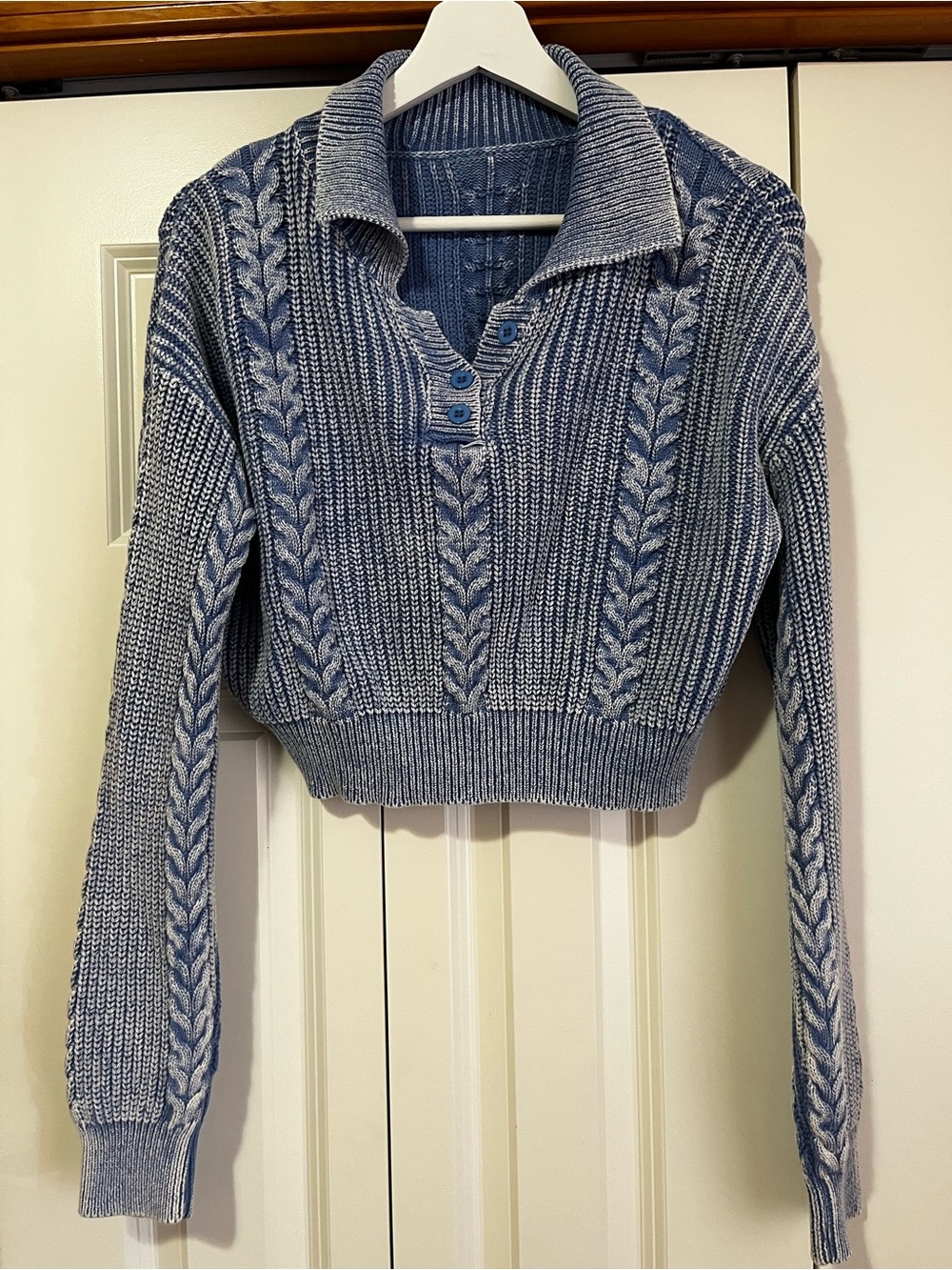 Cider Cropped Blue Cable Knit Polo Sweater